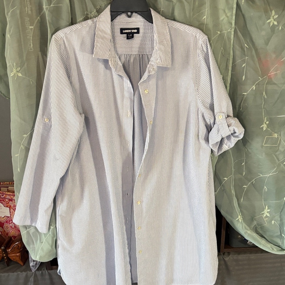 Lands' End Classic Light Blue and White Striped Shirt